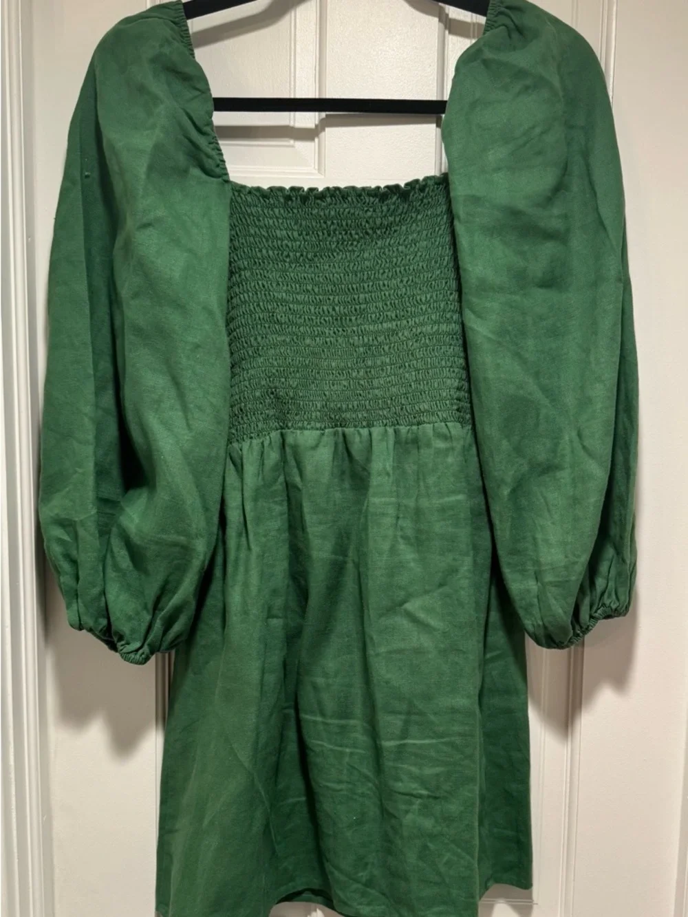 Reformation Greyson Green Smocked Square-Neck Linen Mini Dress with Puff Sleeves - Picture 3 of 7